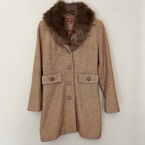 Merona Small Brown Wool Penny Lane Long Tweed Coat 70s Revival Faux Fur Tapestry